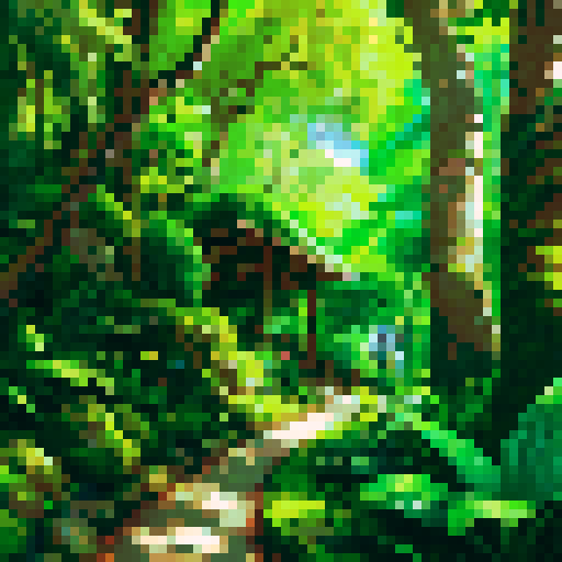 lush green foliage, towering trees, vibrant moss-covered rocks, sun-dappled path, meandering grassy trail, tropical ferns, dense undergrowth, swaying palm fronds, textured tree bark, sunlight filtering through leaves