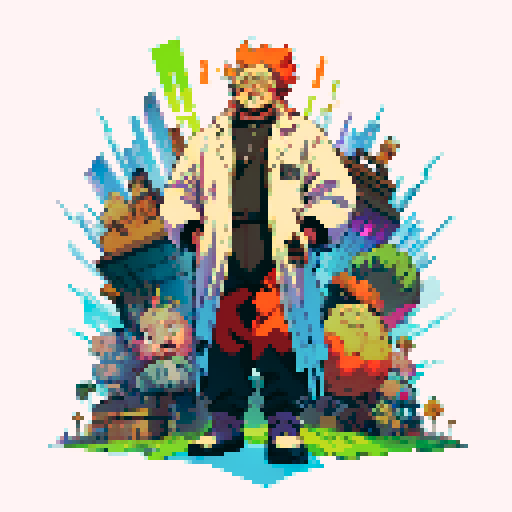 fat mad scientist, facing left, full-body image, exaggerated features, pixelated details, robot workshop backdrop, sRGB color palette