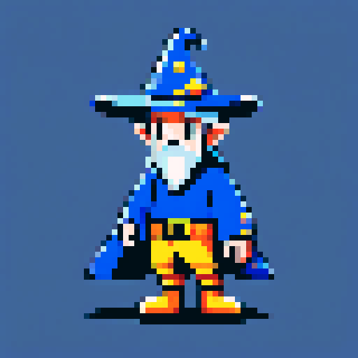 Create a pixel art character of a whimsical wizard . The wizard should wear a blue robe covered with yellow stars and a matching pointy hat. He should have a playful grin
