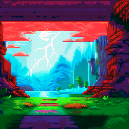 Eerie shadows dance along the pixelated, sRGB hallway as lightning illuminates a haunting landscape beyond the window