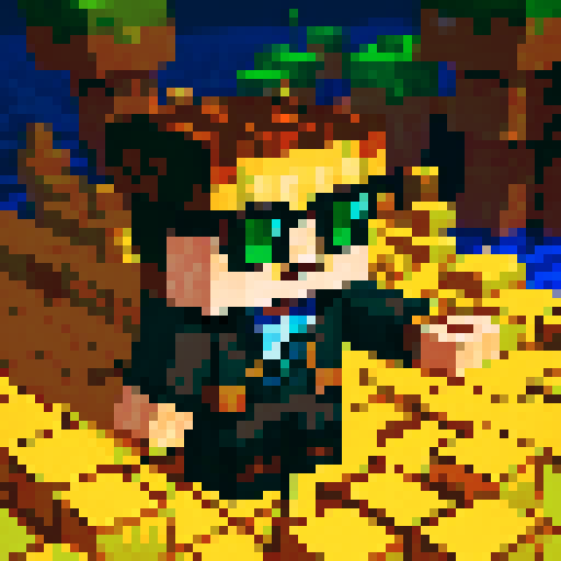 32*32 pixel art, 2d, cute-sy, small man minecraft-style image, very rich corporate man, sunglasses, surrounded by diamond, gold