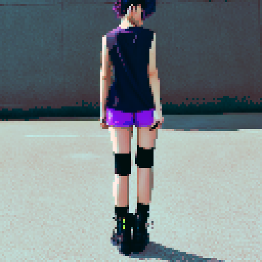 Full-body moody teenage girl with black short hair, wearing a purple tank top under a black leather jacket, torn shorts and stockings.