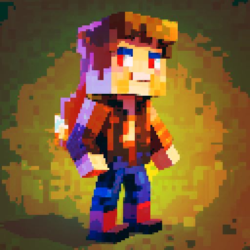 pixelated human character, Minecraft-inspired, blocky features, retro video game style, vibrant colors, low resolution, 8-bit aesthetic, square-shaped body, pixelated hair, pixelated clothing, pixel art, sRGB