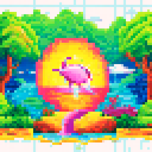 Pink dolphin swimming gracefully in a vibrant sRGB pixel art seascape, surrounded by a picturesque background of lush pixelated landscapes
