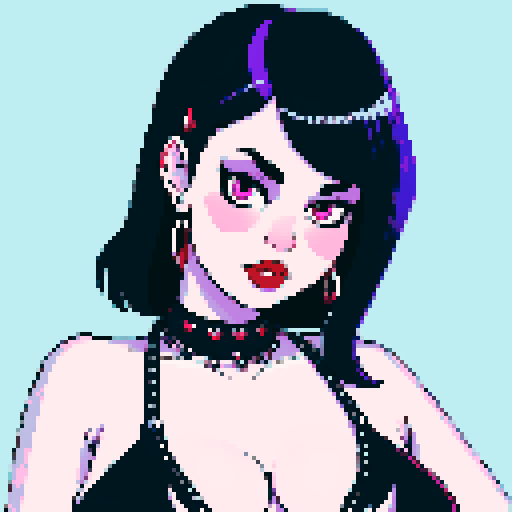 Cat girl, curvy, cute goth woman with black hair, purple eyeshadow, and red lipstick, wearing a bikini, studded collar, portrait, face avatar, in a glamour shot, sRGB color