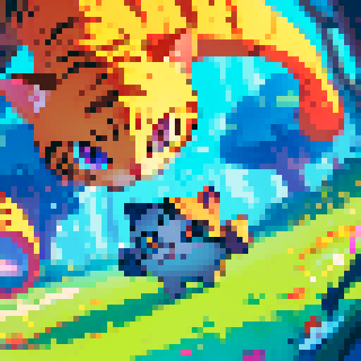 cute, pixelated cat with big round eyes, tiny whiskers, and a playful expression, surrounded by vibrant, sRGB colors