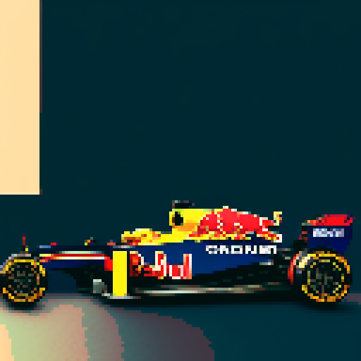 Formula 1 red bull car, full car in view, close up, driver in seat, blue sky background in Monaco