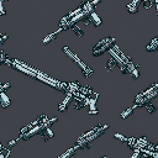 I want to see a simple minigun with 8 barrels floating in the center of the frame. It should have strange mechanical details that could interlock with others. I want this object usable an asset in a videogame, meaning only one object per image, outlined with a strong black stroke, on a solid-color background. 