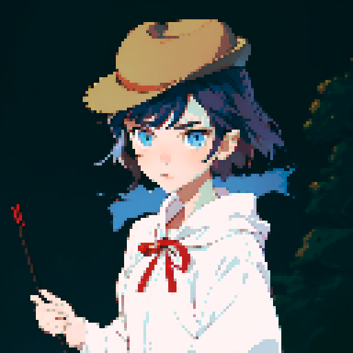 Girl, blue eyes, short hair, no emotion, white shirt, brown hat, red neck ribbon, holding an incense stick, night forest background