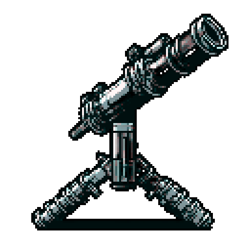 I want to see a minigun with 8 barrels floating in the center of the frame. It should have strange mechanical details that could interlock with others. I want this object usable an asset in a videogame, meaning only one object per image, outlined with a strong black stroke, on a solid-color background. 
