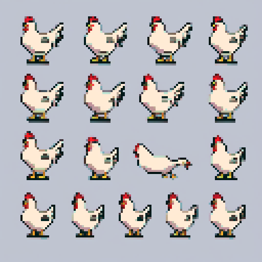 several different chicken sprites. flat vector modern cross stitch style