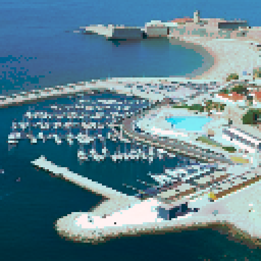 oeiras city, vibrant colors, bustling marine dock, pixelated buildings, animated waves, sun-kissed sky, sRGB palette