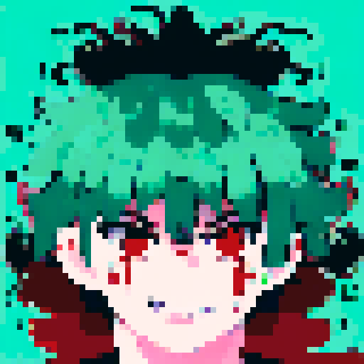 Demon slayer with fiery red hair and piercing green eyes stares fiercely at the viewer in a close-up character portrait, rendered in a vibrant anime style with intricate pixel art details.
