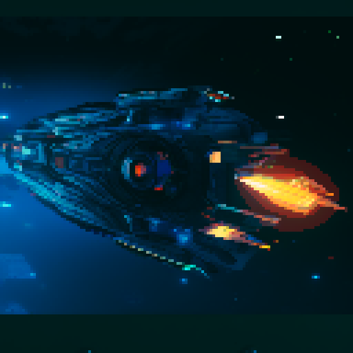 futuristic spaceship, topview, sleek and streamlined, hovering mid-air, pixelated sRGB aesthetic, retro-futuristic buttons, neon-lit control panel