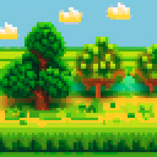 landscape of a field with a river and trees