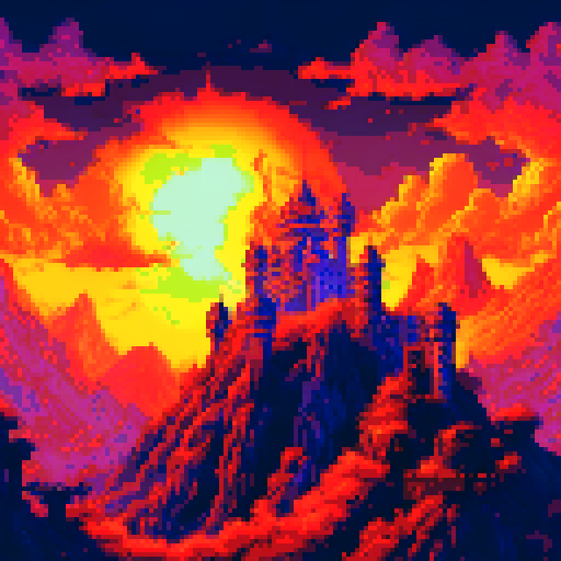 A towering, fiery castle overlooks a sprawling, desolate wasteland in the world of Elden Ring, rendered in vibrant, retro pixel art against a haunting sRGB background