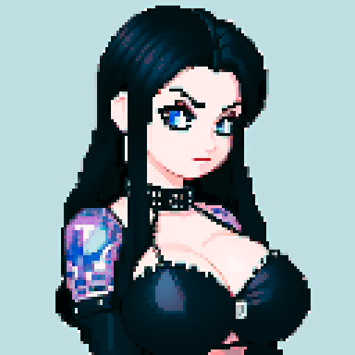 curvy, busty goth babe with studded collar. big titty goth wearing halter top, in a close up  glamour shot. 8-bit low resolution pixel art. modern tile backsplash.