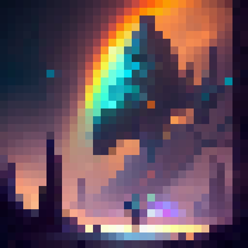 Colorful goblin warrior brandishing a wicked scimitar, surrounded by a vibrant rainbow of swirling magic, set against a dark, eerie forest backdrop.