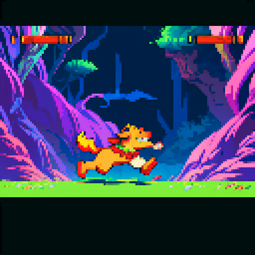 heroic dog battling evil, vibrant and dynamic sRGB colors, action-packed side-scrolling retro 8-bit platformer with intense and dramatic animated pixel art