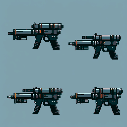 I want to see a simple minigun with 8 barrels floating in the center of the frame. It should have strange mechanical details that could interlock with others. I want this object usable an asset in a videogame, meaning only one object per image, outlined with a strong black stroke, on a solid-color background. 