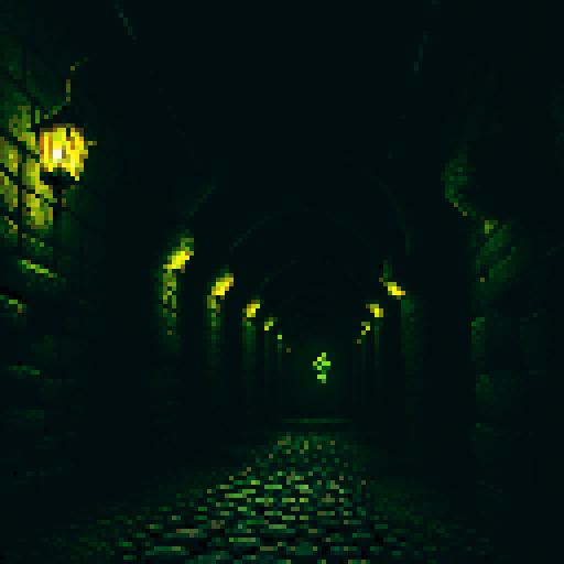 Dark, eerie, moss-covered, torch-lit, dungeon corridor with cobweb-filled crevices, rusty iron bars, and a foreboding, ominous atmosphere, all depicted in pixel art with vivid sRGB colors