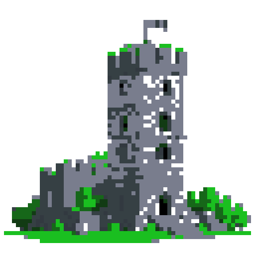 2d grey stone tower in an ancient english style. Old and crumbling but still upright. Green vines crisscross it. Usable as an asset (clear, thick lines and a white background). Put a black stroke around the composition