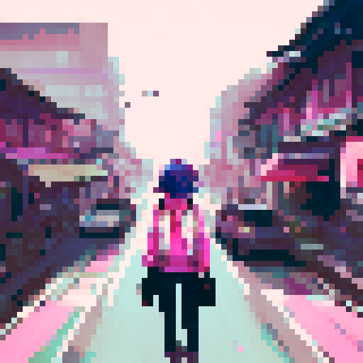 Korean woman, pink hair, urban graffiti, vibrant colors, street style fashion, dramatic lighting, city skyline in background, modern and edgy vibes