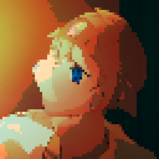 Blonde girl with blue eyes, kneeling in front of a white guy with messy hair, holding his throbbing member with both hands adorned with nail polish, while her tongue sticks out and her cheeks become rosy in an anime style