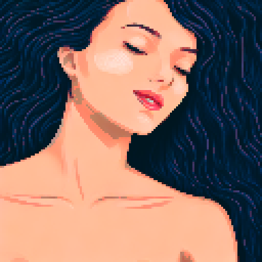 sexy beautiful lingerie model, green eyes, golden wet skin shining, orange sunset light, laying down, coy smile, tanned skin, see through black lace lingerie, black wavy shiny hair, 50mm portrait, sun, glamour, soft curves, ass, full wet lips, sRGB, pixel art, background, landscape