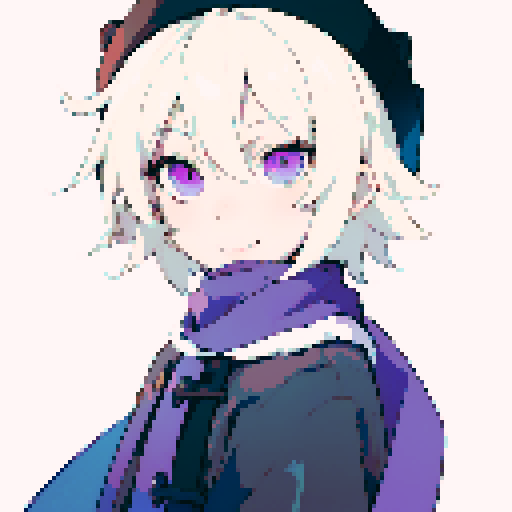 Male, light purple eyes, pale skin, blonde hair, sprite, black winter clothes, fur collar, short messy hair, looking at viewer, small smile, solo male, low details, uncropped, ushanka, dialog sprite, fantasy clothes, smile, bangs, messy hair, hair between eyes, medium hair, tired eyes, purple scarf, thick lines, sRGB, pixel art