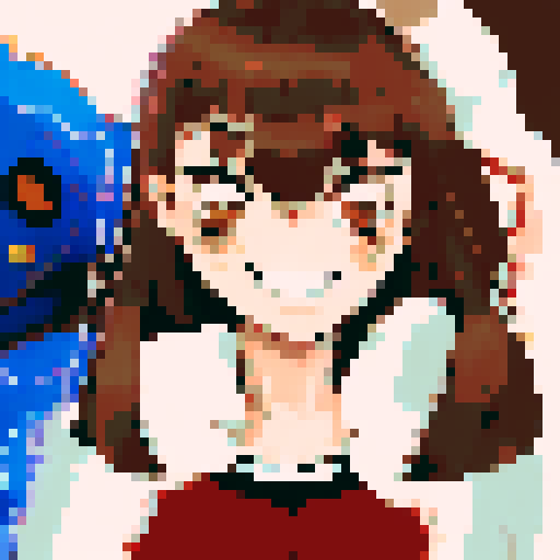 Brown and red-haired girl with a beaming smile framed by billowing blue curtains, captured in a character portrait with close-up details and an anime style, rendered in pixel art