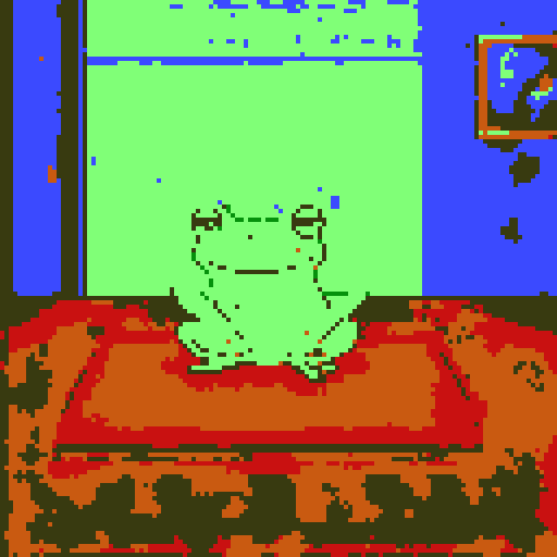 In the cozy ambiance of a dimly lit room, a small, jovial frog perches comfortably upon a plush couch chair, its diminutive size emphasized by the vastness of the furniture. The flickering flames of a nearby fireplace cast a warm glow, enveloping the space in a soft, golden light, creating an atmosphere of comfort and relaxation. With a mug clasped delicately between its tiny webbed fingers, the contented frog takes a sip of steaming coffee, its expression reflecting pure bliss.