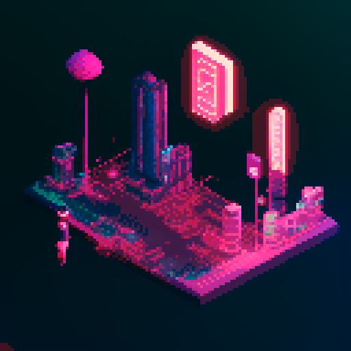 isometric 3D perspective, anime girl hovering in street, Japanese cyberpunk, neon lights, futuristic cityscape, dark colors, pixel art

