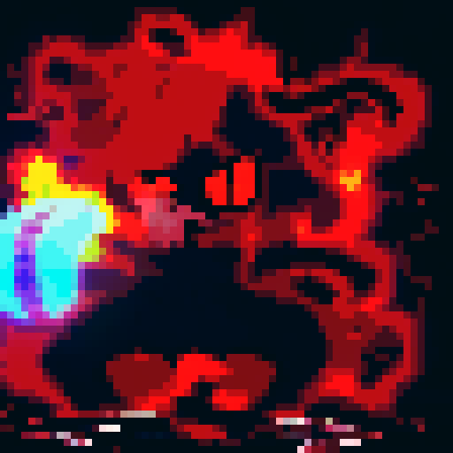 Undead lich with blazing fire, ominous aura, in a pixelated anime portrait