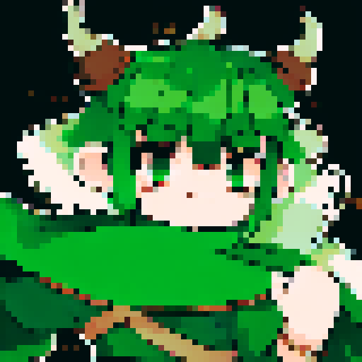 Huntress character with old green cape, wooden horns and bow