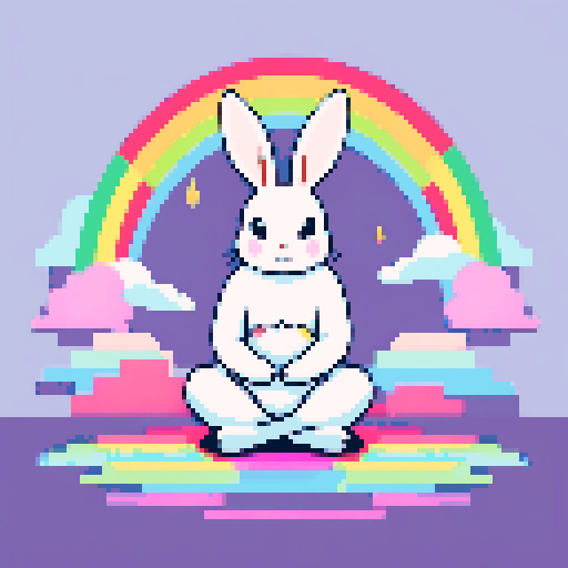 A white rabbit meditating on a rainbow background.