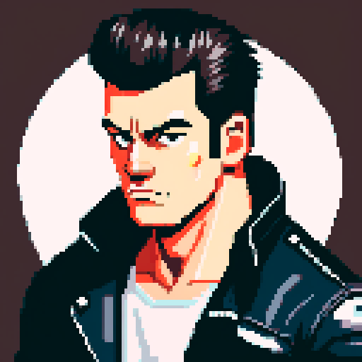 Muscular, tough greaser man with a pompadour hairstyle, wearing a motorcycle jacket, pixel art, sRGB colors, portrait, face avatar