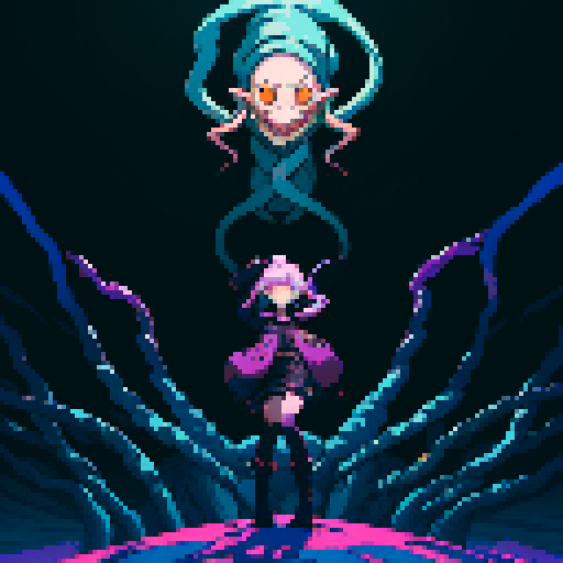 eldritch being, tentacles writhing, full body floating, brain pulsating, many eyes staring, eyeballs bulging, no humans, monsyer, sRGB pixel art