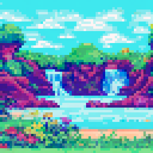 magical cove, waterfall and island with a picnic, fireflies and little pixies, pastel colors