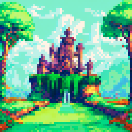 Leaves and blossoms intertwine in a vibrant textile pattern, set against an ancient building with a serene green pastel backdrop, all rendered in pixel art with a sweeping landscape background