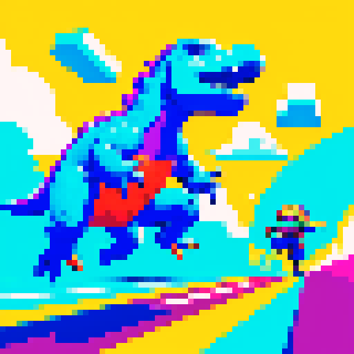 Dinosaur running, vibrant colors, pixelated details, sRGB palette, energetic motion, dynamic perspective, retro gaming vibes