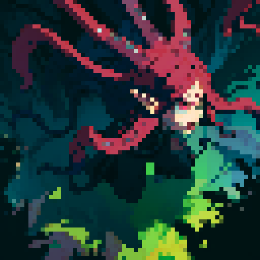 eldritch being, tentacles writhing, full body floating, brain pulsating, many eyes staring, eyeballs bulging, sRGB pixel art