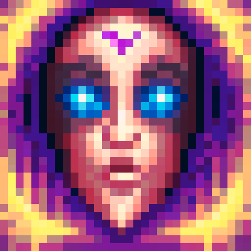 Cool, pixelated close-up portrait of a skillful game icon in vibrant sRGB colors