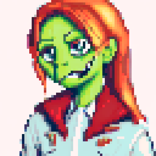 Green-skinned zombie with shoulder-length blonde hair, styled with straight bangs slightly covering the forehead and a high ponytail, green eyes with a neutral, somewhat bored expression, subtle blush on the cheeks and a slight frown, wearing large pinkish red goggles resting on top of the head, a white jacket over a red vest and red tie, with a white shirt and collar visible, in a sRGB pixel art style against a background of a detailed landscape