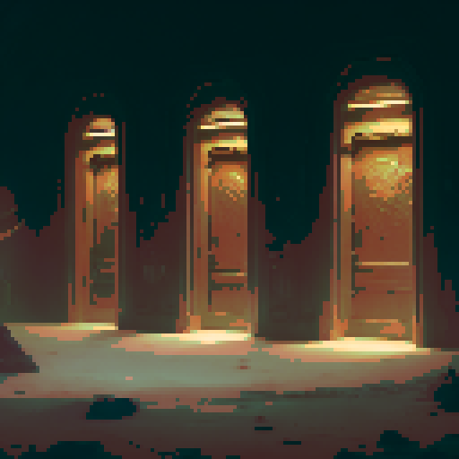 row of many weathered wooden doors, adorned with intricate carvings and glowing runes, leading to realms unknown, in a dimly lit chamber filled with mystical artifacts and flickering torches