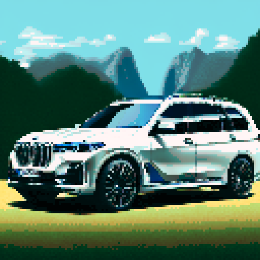 Photorealistic, centered BMW X7 in a three quarter view, right wheel in front, clean background, pixel art style with sRGB colors
