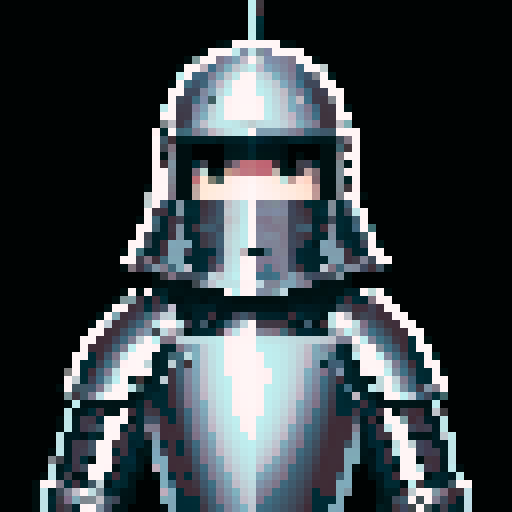 weaponsmith portrait, middle ages, plate armor, helmet, pixel art, non-vibrant colors