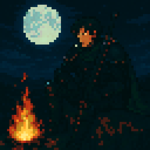 Medium length dark brown hair man, dark black armor, dark green cloak, sitting cliff edge, sword shoulder, nighttime campfire light, full moon, Fire Emblem.