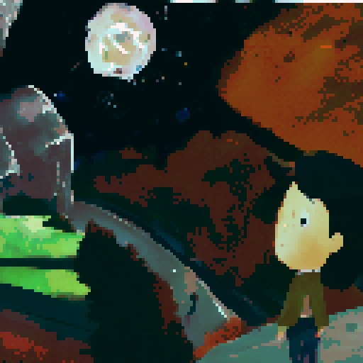 the main protagonist, gurney as seen in the bottom right is on a hill looking over a desolate area with sparse plant life up in flame. We see the back of his head, with his square jaw and a cigarette in his mouth. in the distance is a large laboratory, which has smoke coming out of it and a hole in the top. The sky is full of starts, a moon and a distant alien planet. Gurney must be present with his distinct head seen in the reference image, his green top dark brown pants
