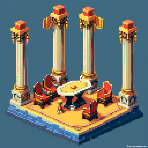 royal council, throne, columns, building, inside, block, gold, discussion table, table